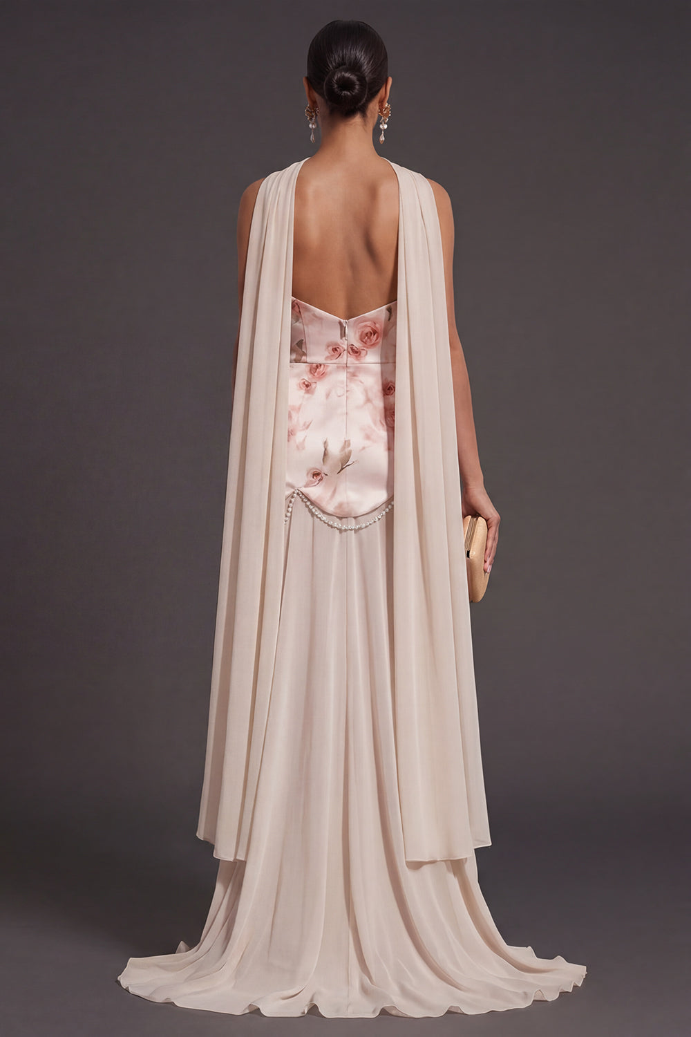 Ivory Red Floral Mermaid Neck Scarf Long Bridesmaid Dress