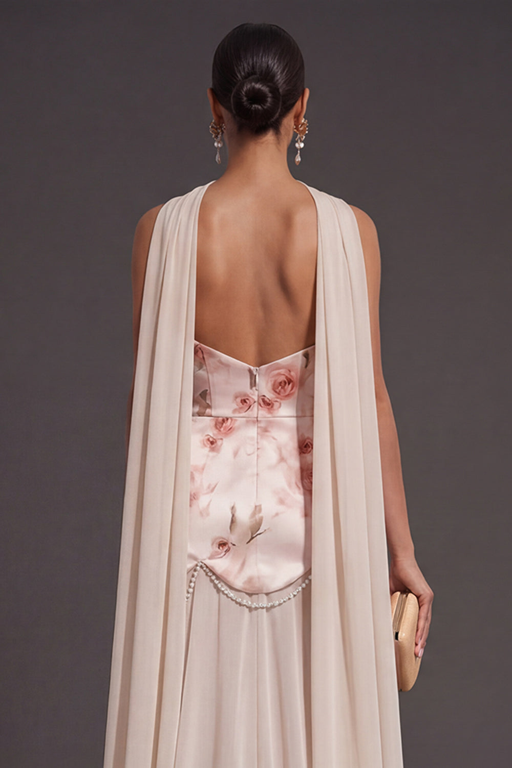 Ivory Red Floral Mermaid Neck Scarf Long Bridesmaid Dress