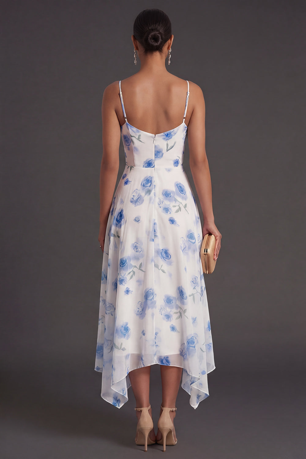 Spaghetti Straps Green Floral A Line Asymmetrical Bridesmaid Dress