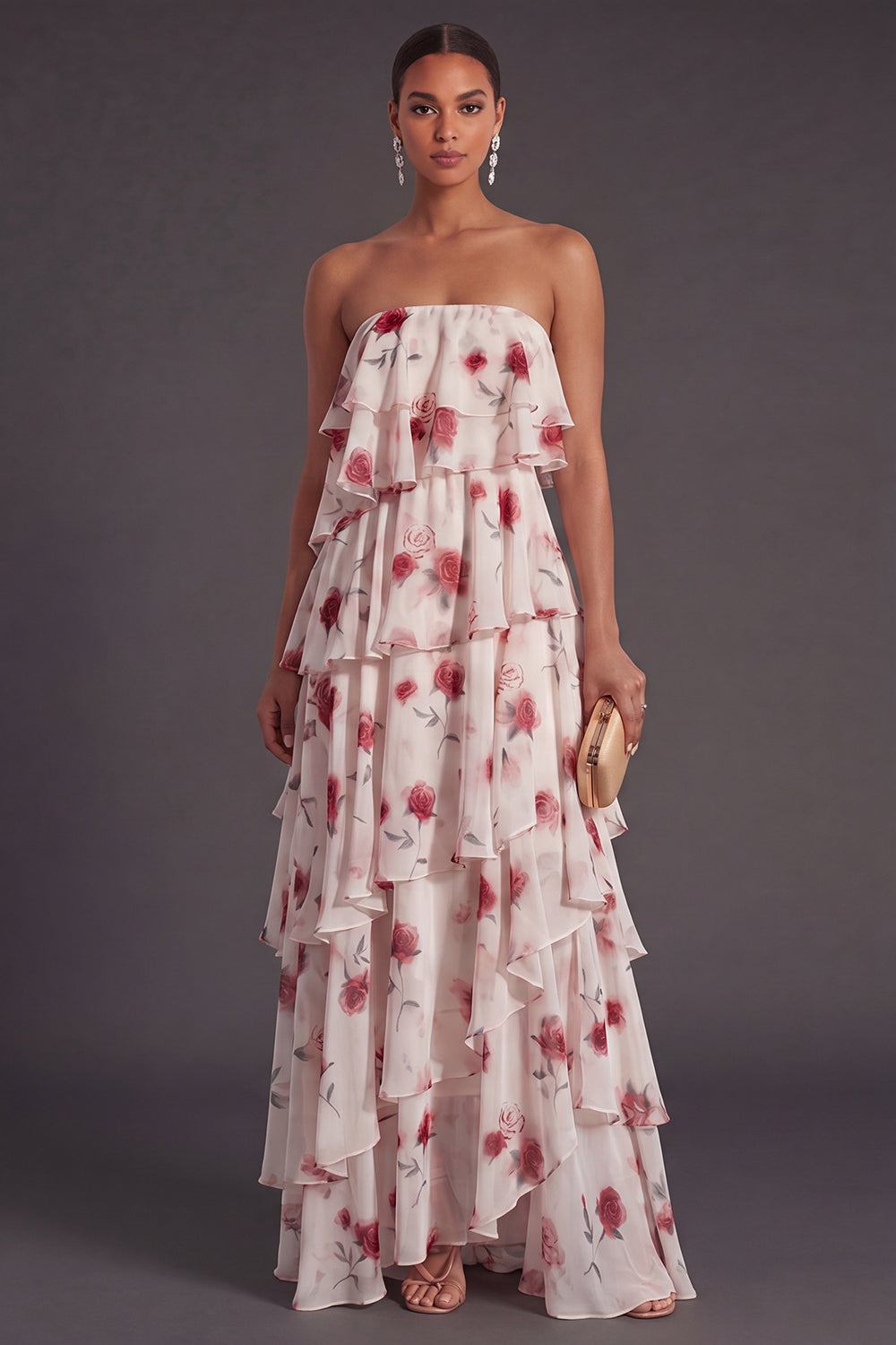 Red Floral Tiered Strapless A Line Long Bridesmaid Dress