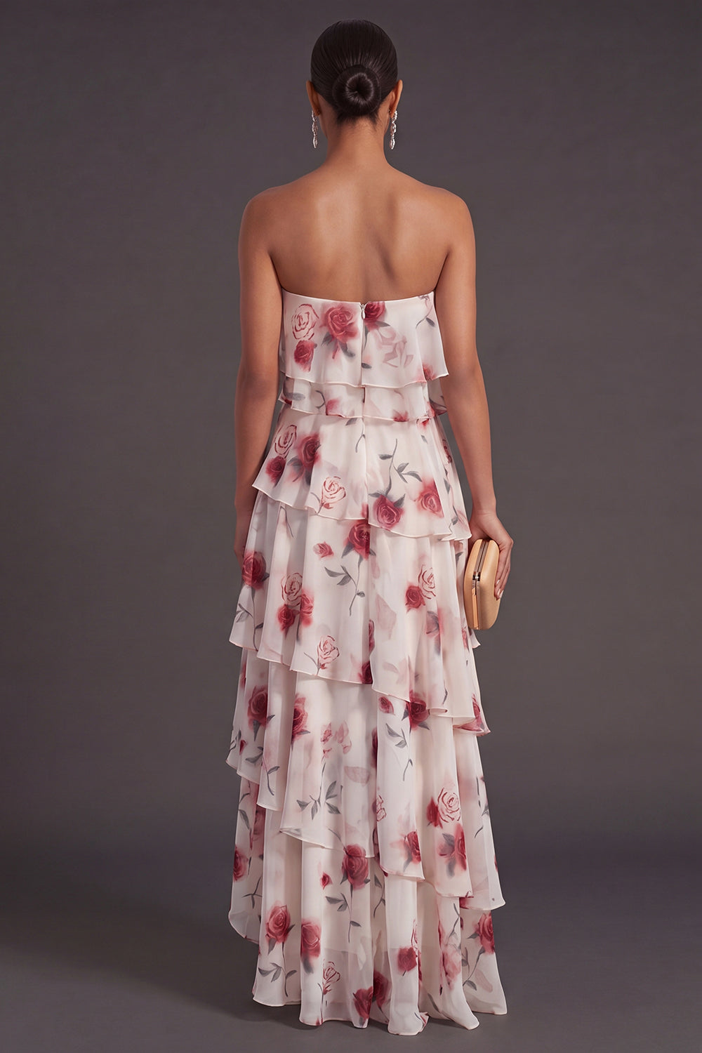 Red Floral Tiered Strapless A Line Long Bridesmaid Dress