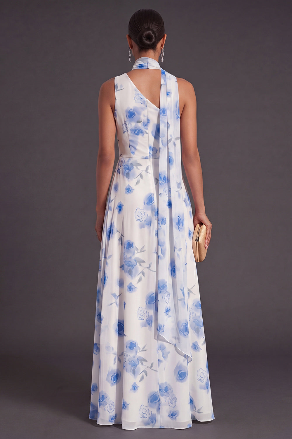 A Line Blue Floral One Shoulder Ruched Long Bridesmaid Dress with Slit