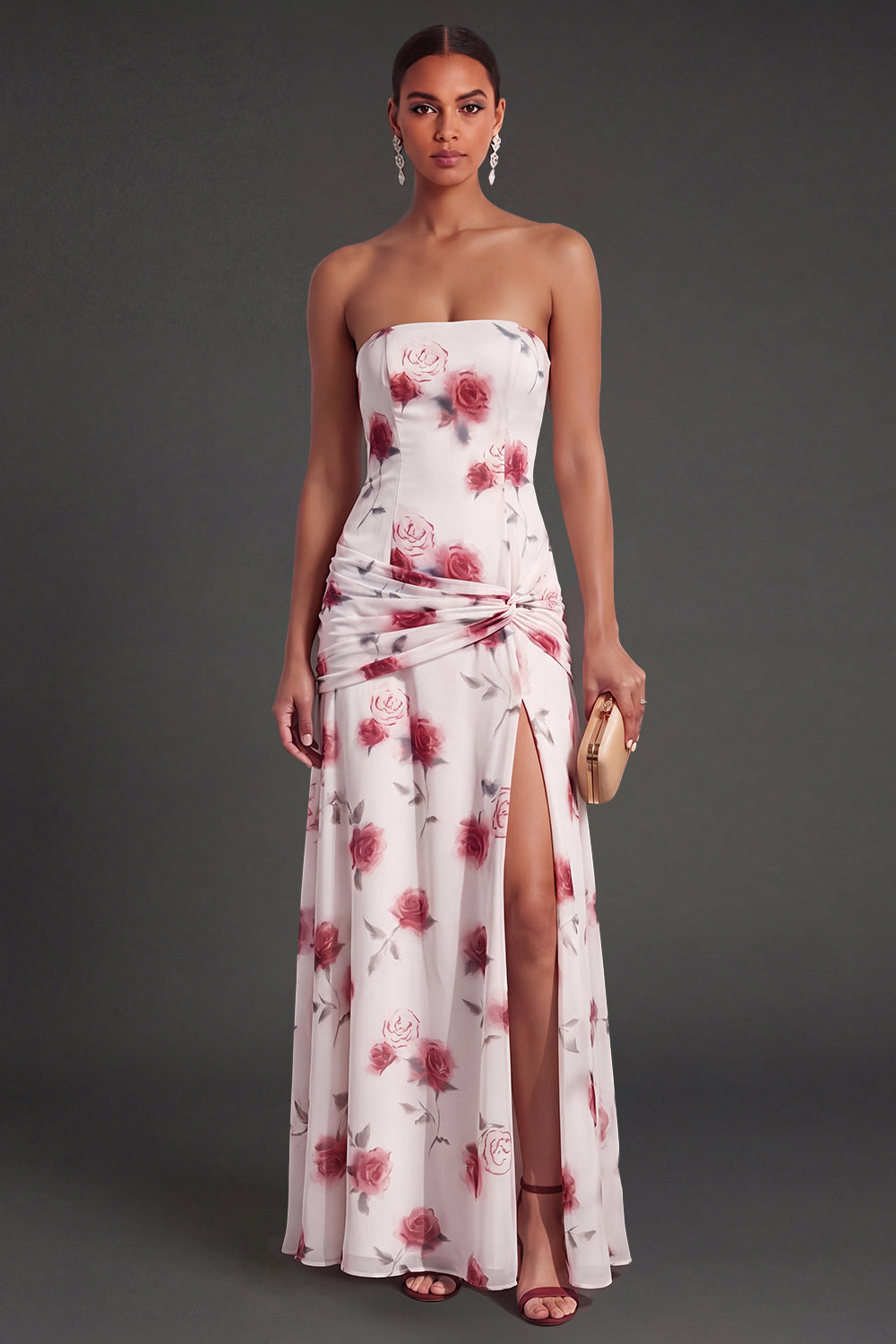 Red Floral A Line Strapless Ruched Long Bridesmaid Dress with Slit