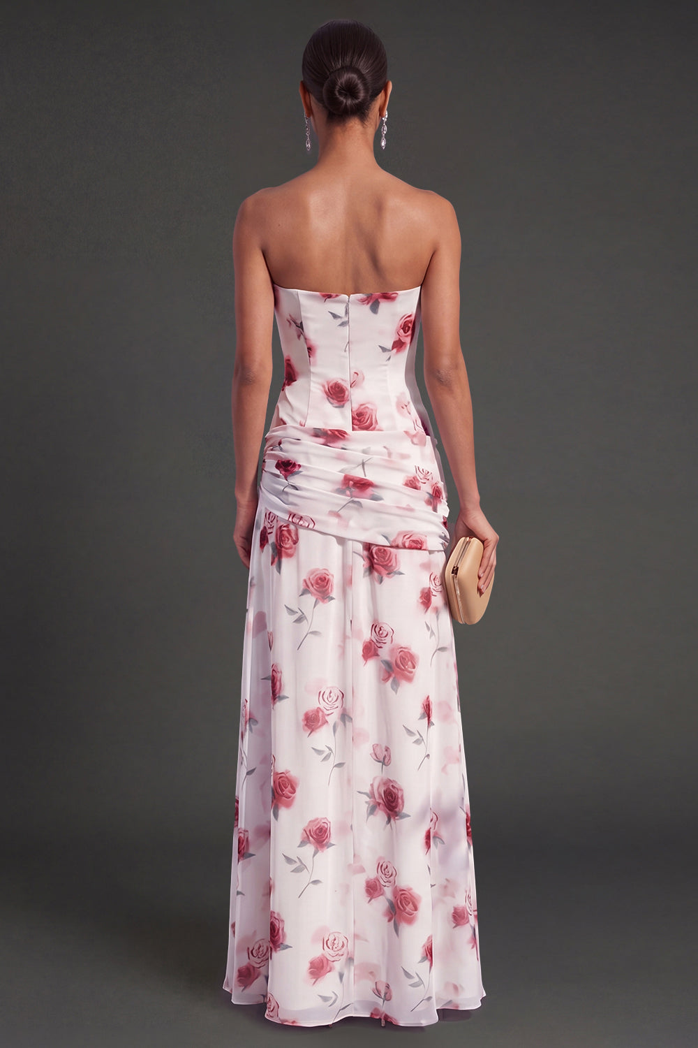 Red Floral A Line Strapless Ruched Long Bridesmaid Dress with Slit