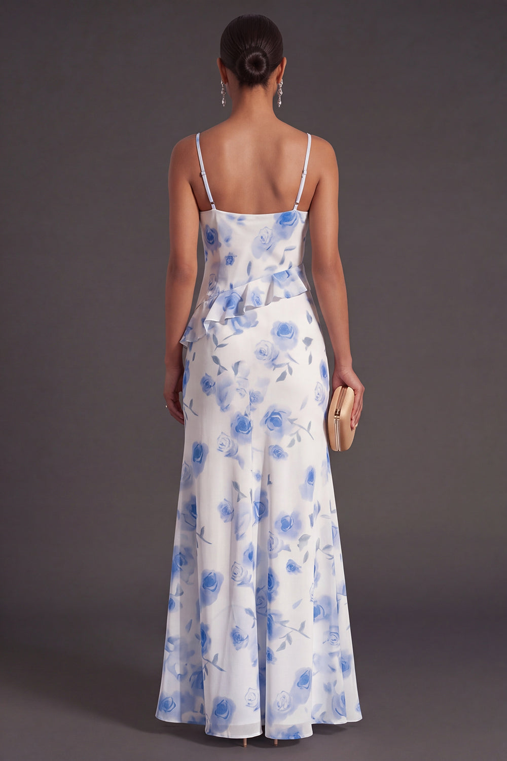 Blue Floral Mermaid Ruffled Long Bridesmaid Dress with Slit