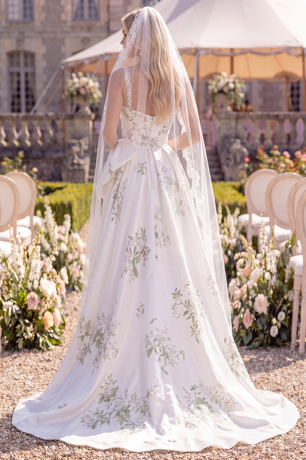 White Green Floral A Line Satin Thick Straps Floor-Length Wedding Dress with Veils