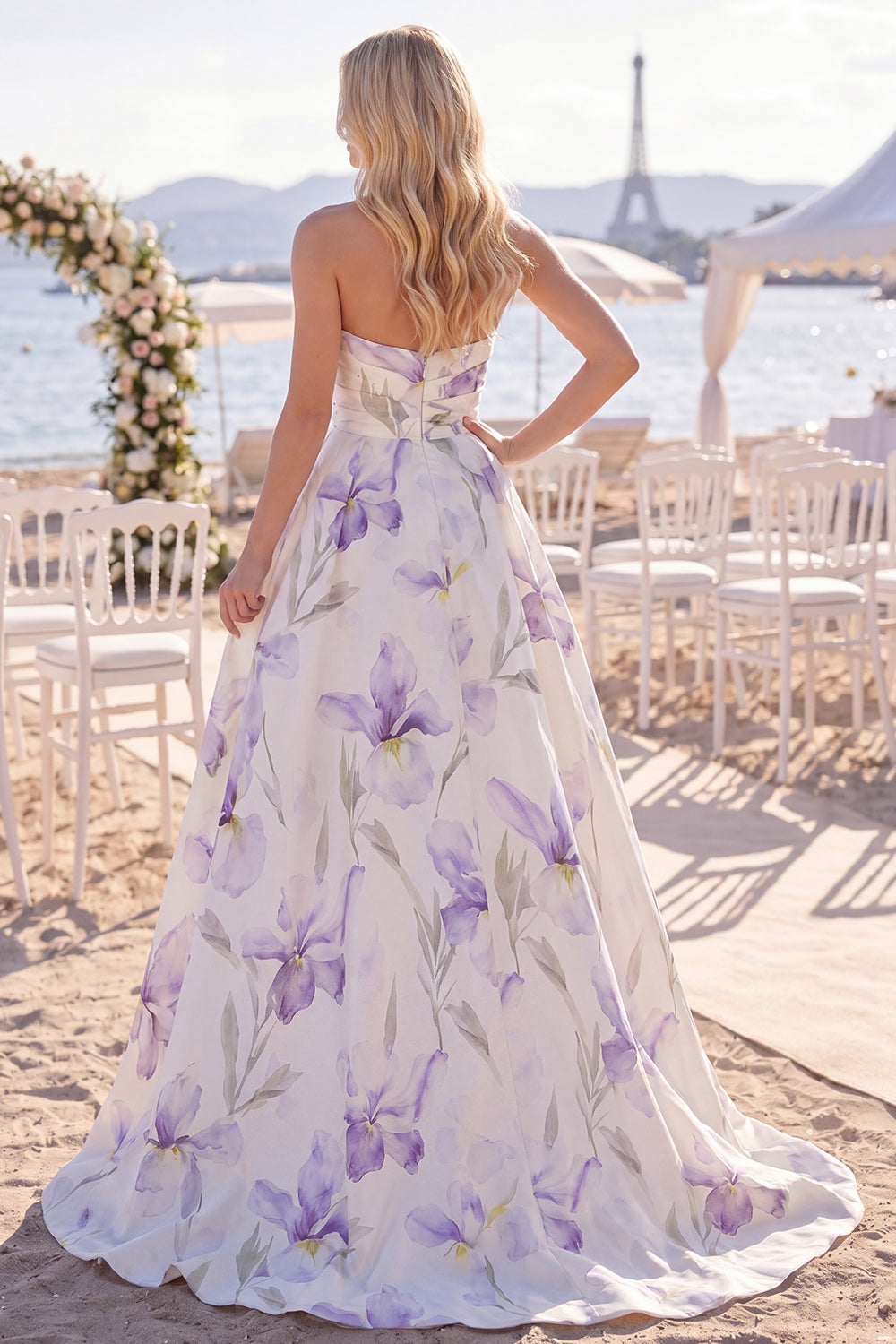 White Purple Floral A Line Sweetheart Floor-Length Wedding Dress with Slit