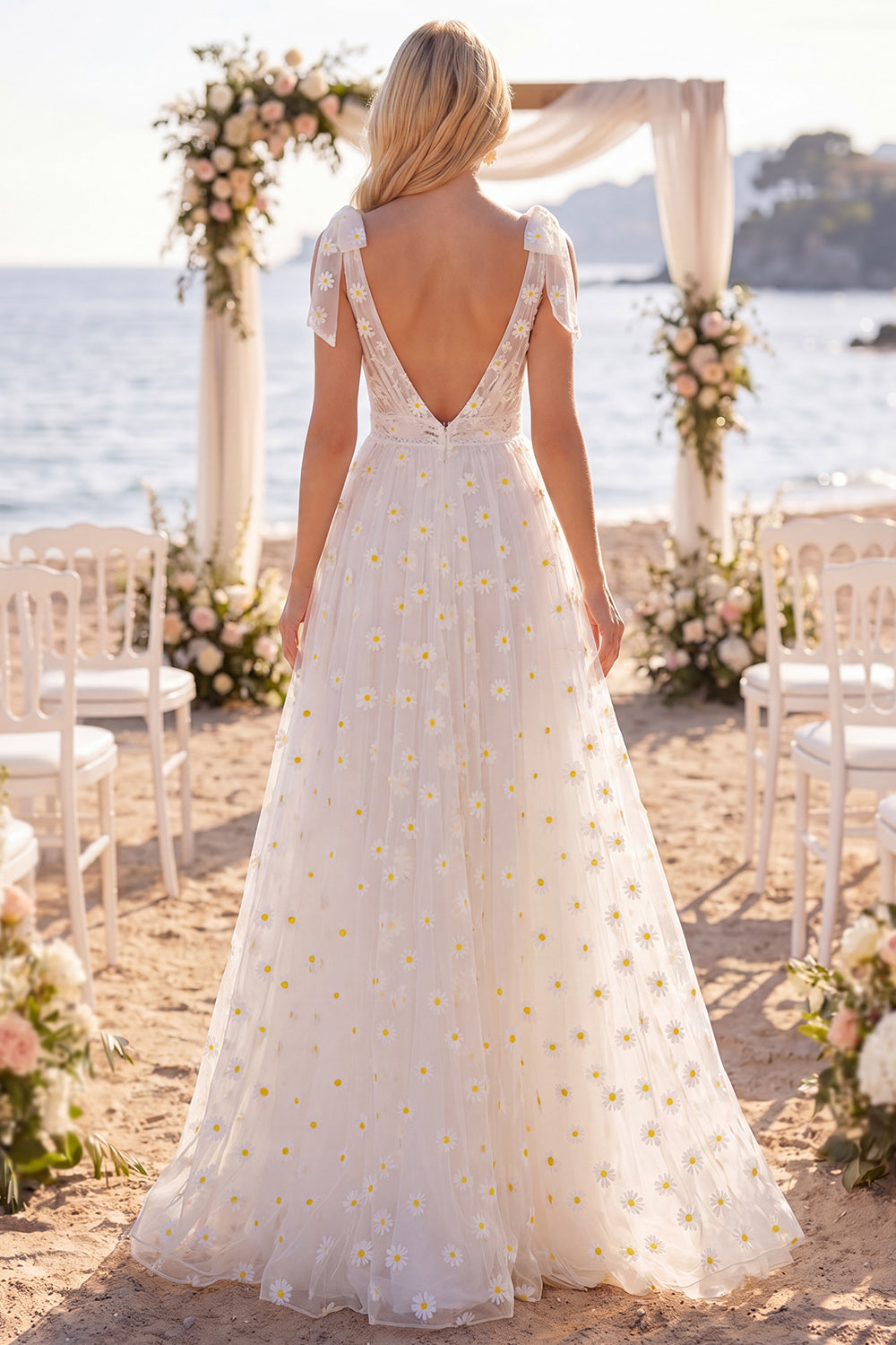 White A Line Floral Embroidered Long Wedding Dress