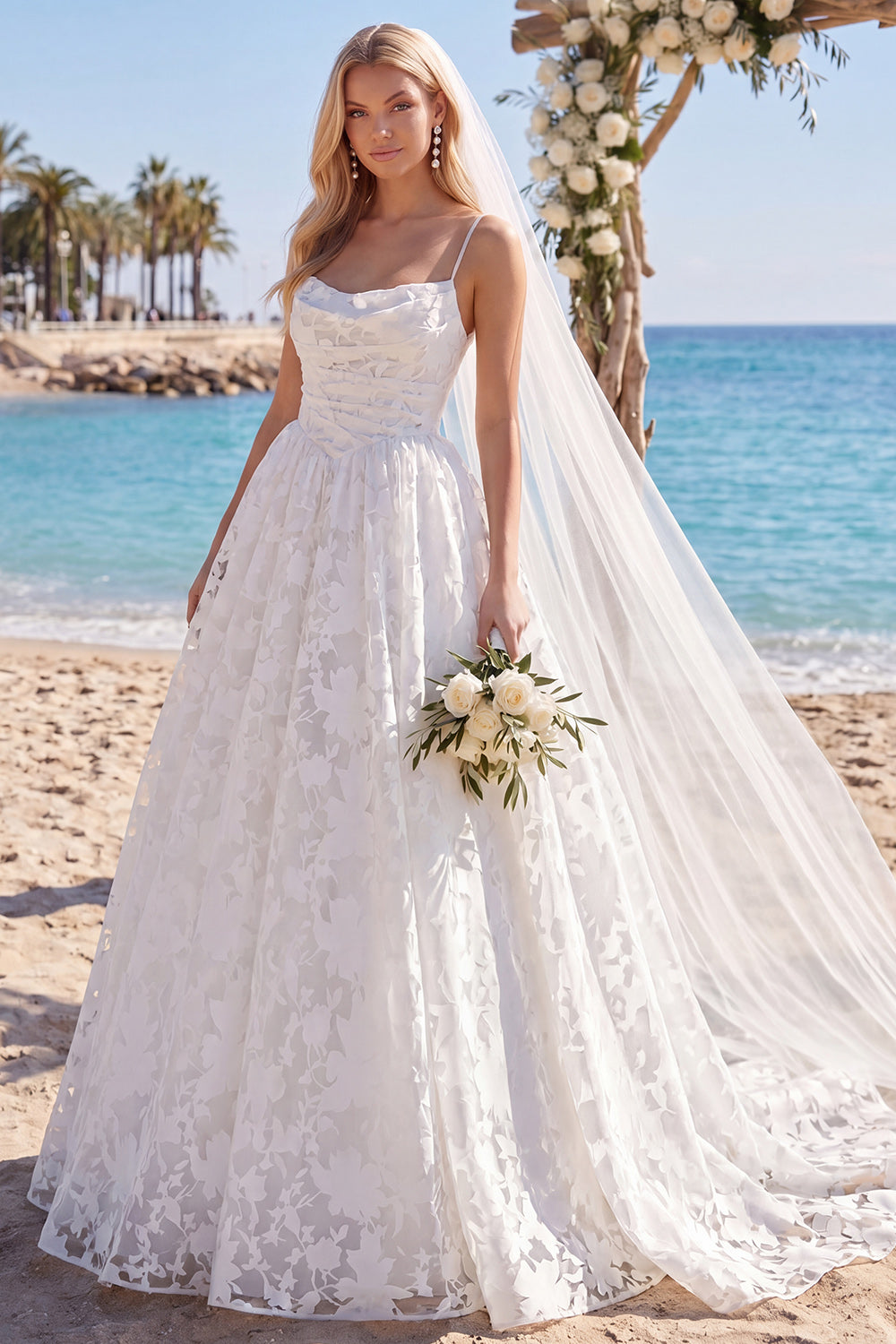 Lace Floral White A Line Spaghetti Straps Sweep Train Wedding Dress with Veils