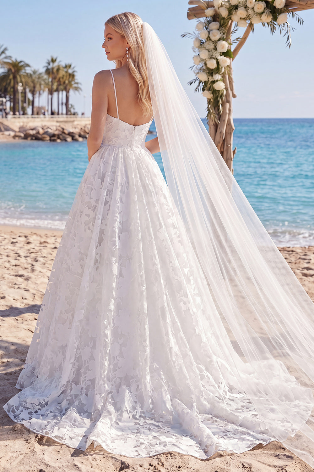 Lace Floral White A Line Spaghetti Straps Sweep Train Wedding Dress with Veils