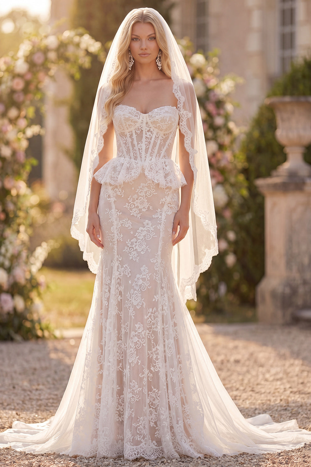 Mermaid White Lace Floral Corset Sweep Train Wedding Dress with Veils
