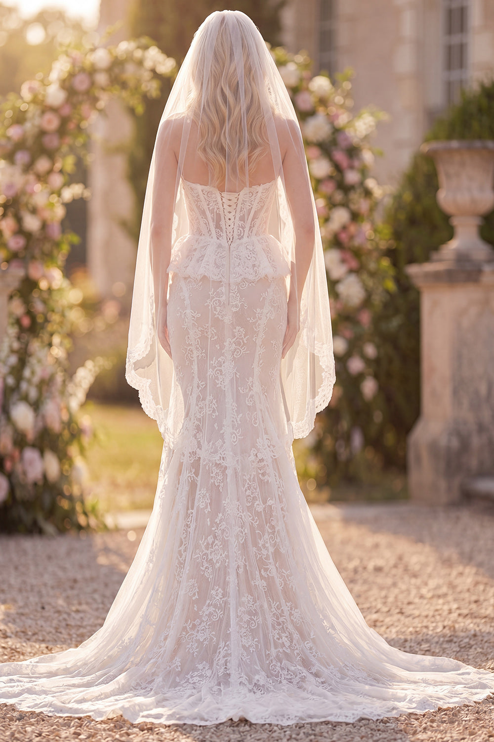 Mermaid White Lace Floral Corset Sweep Train Wedding Dress with Veils