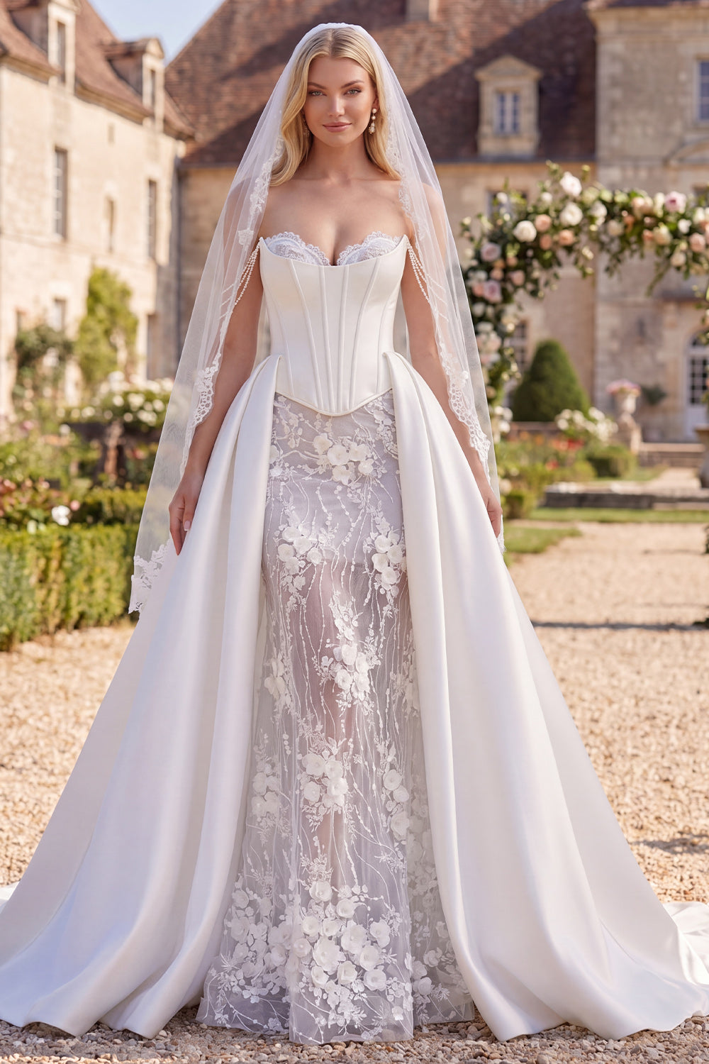 Corset Floral White Mermaid Sweetheart Floor-Length Wedding Dress with Veils