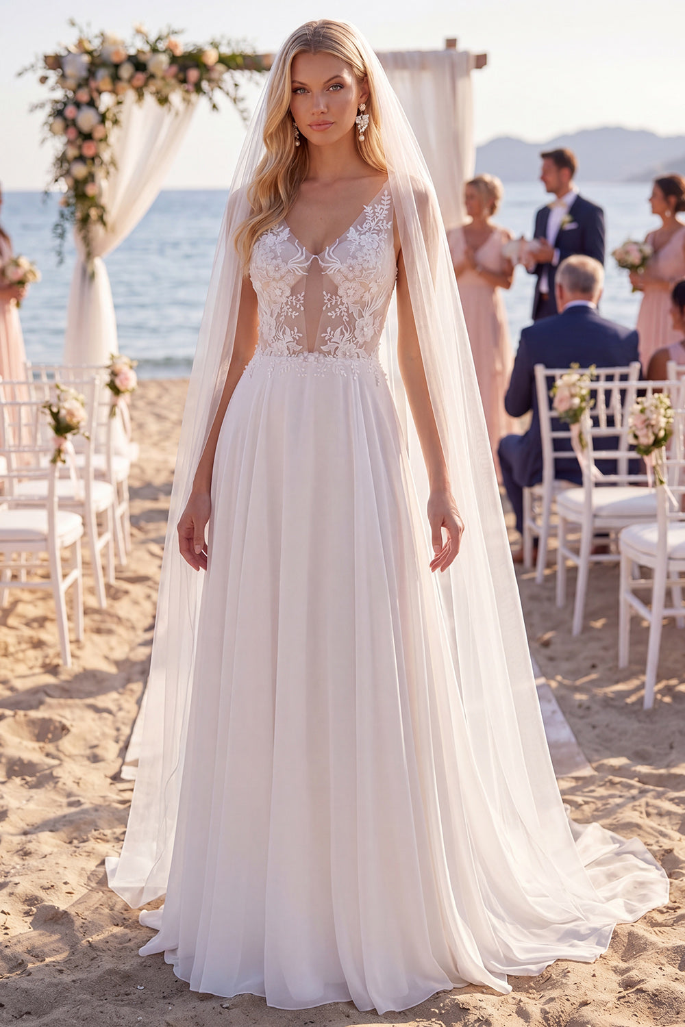 White A Line Floral Appliqued V Neck Floor-Length Wedding Dress with Veils
