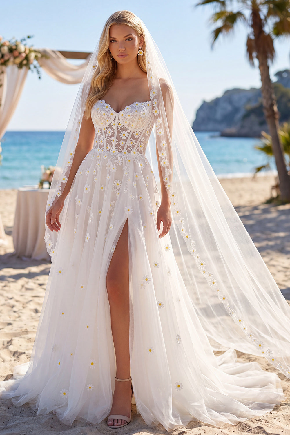 A Line White Floral Corset Floor-Length Wedding Dress with Veils