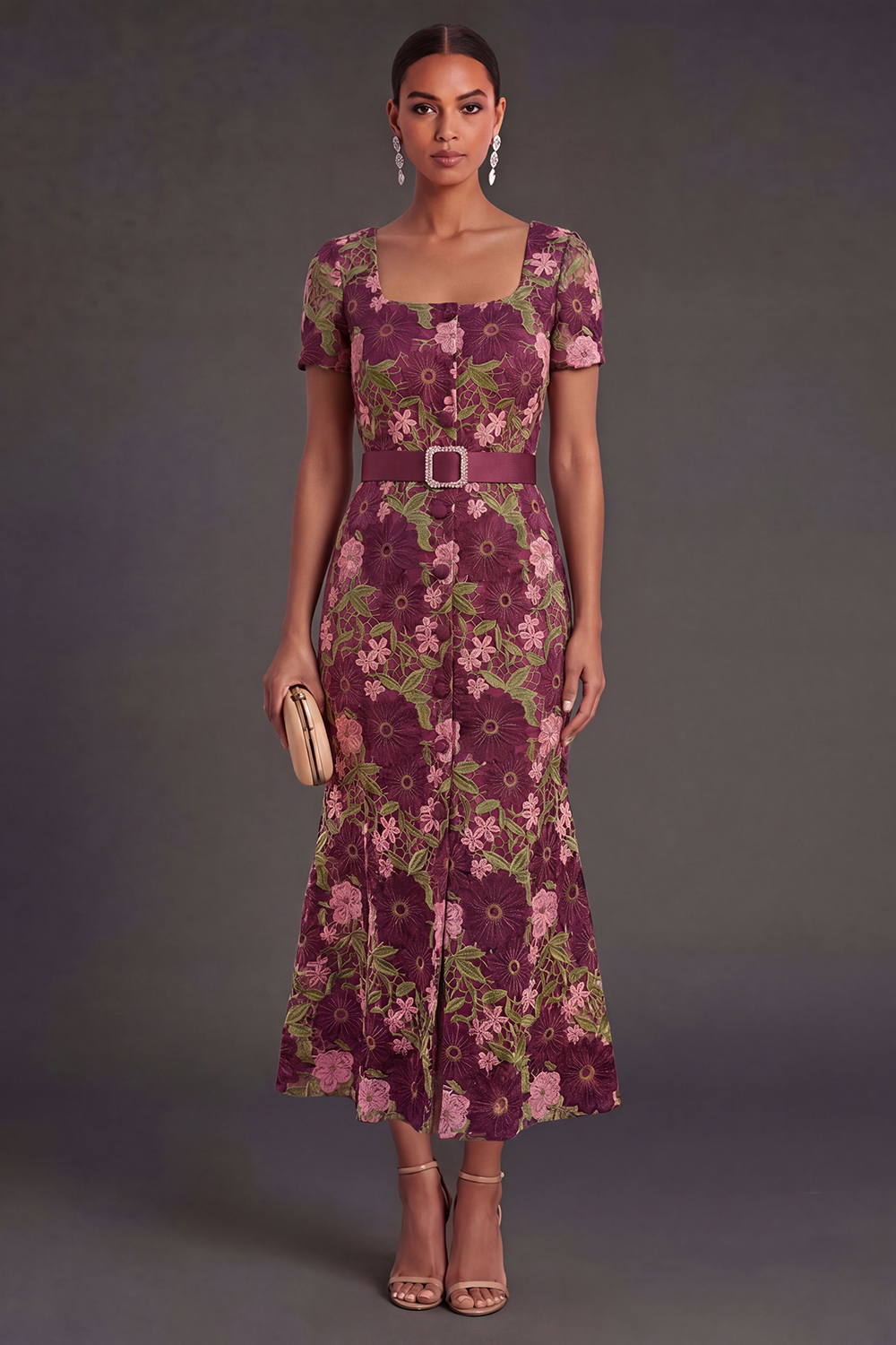 Square Neck Burgundy Floral Long Wedding Guest Dress