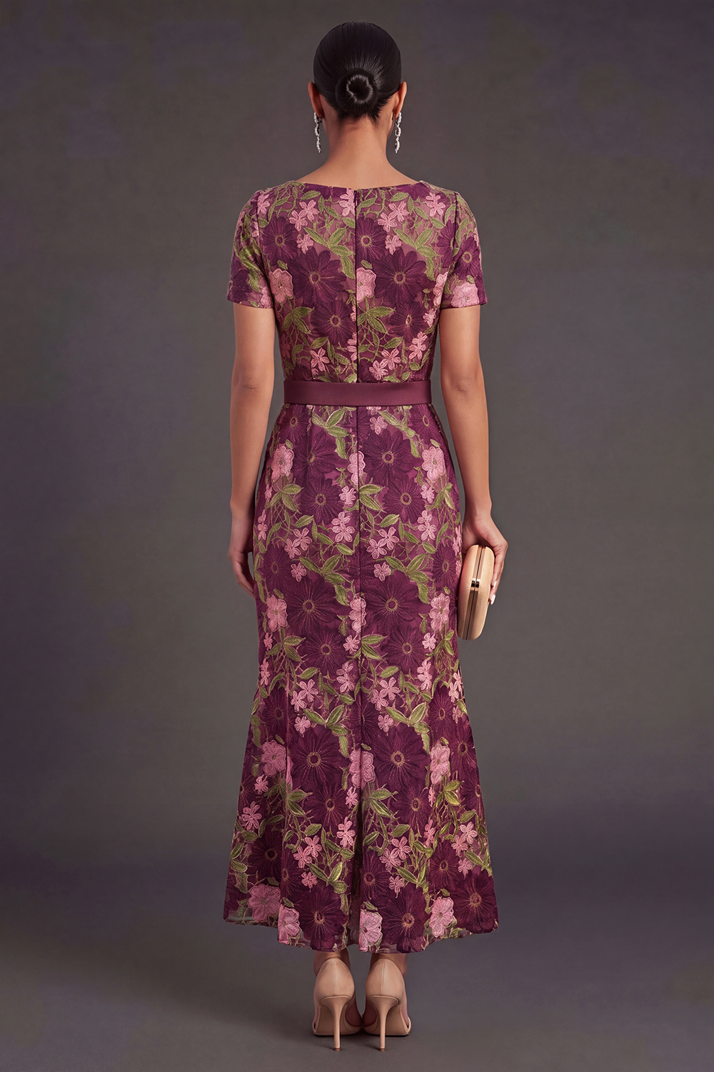 Square Neck Burgundy Floral Long Wedding Guest Dress