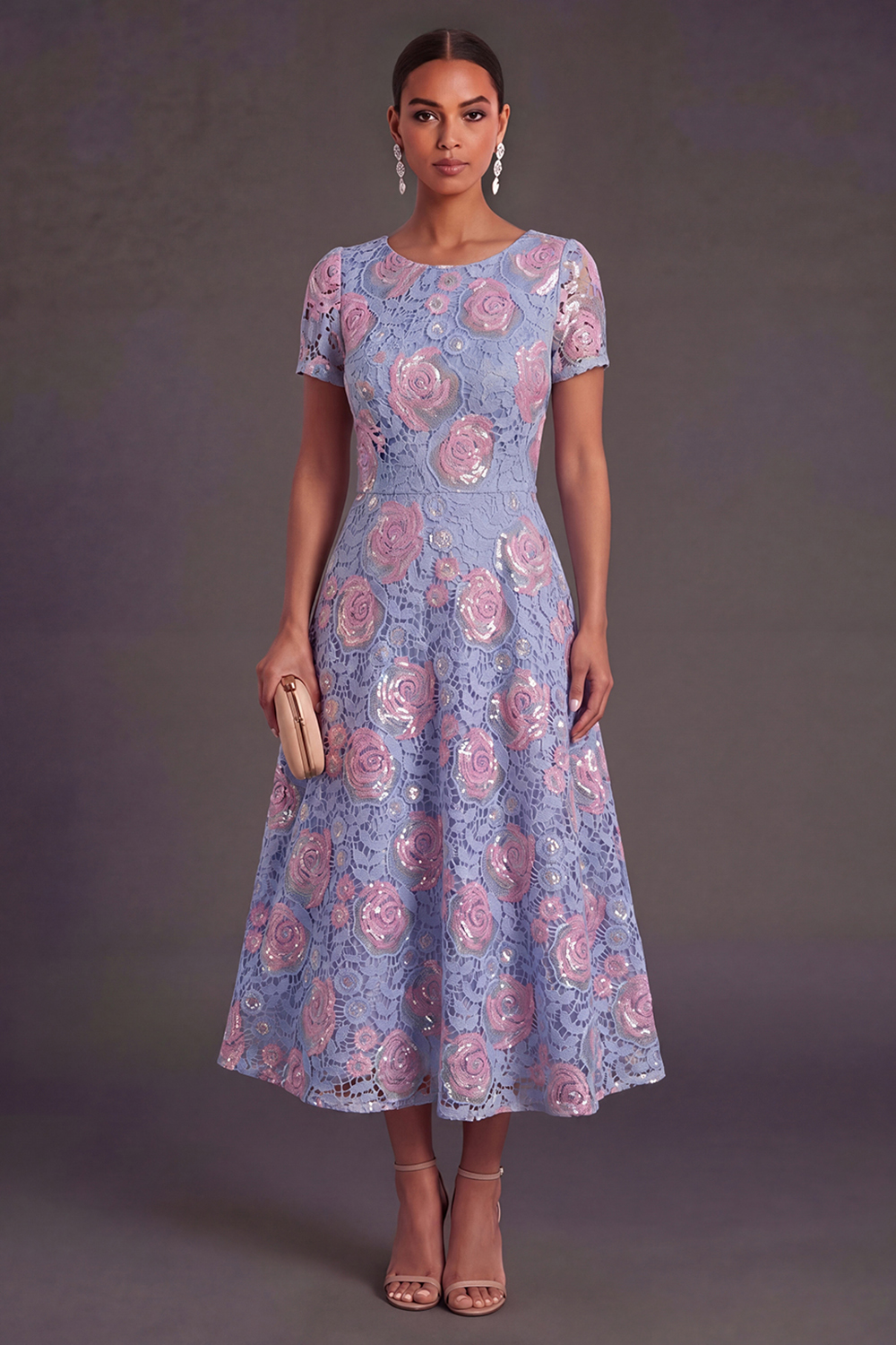 Blue Floral A Line Round Neck Midi Wedding Guest Dress