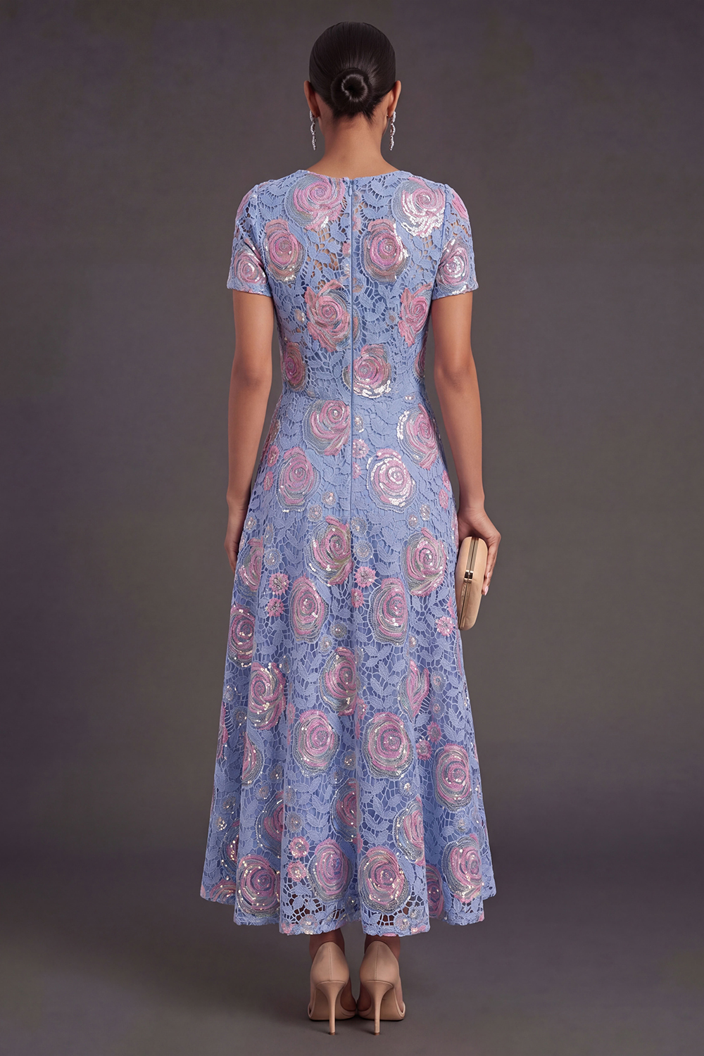 Blue Floral A Line Round Neck Midi Wedding Guest Dress
