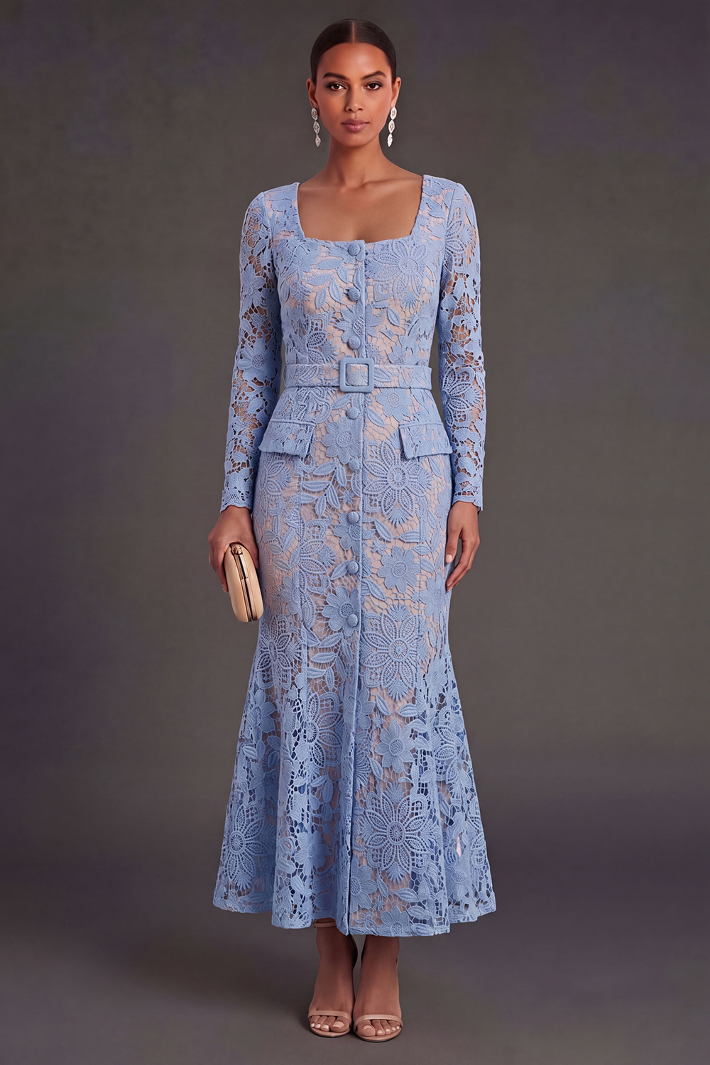 Mermaid Grey Blue Floral Midi Wedding Guest Dress with Belt