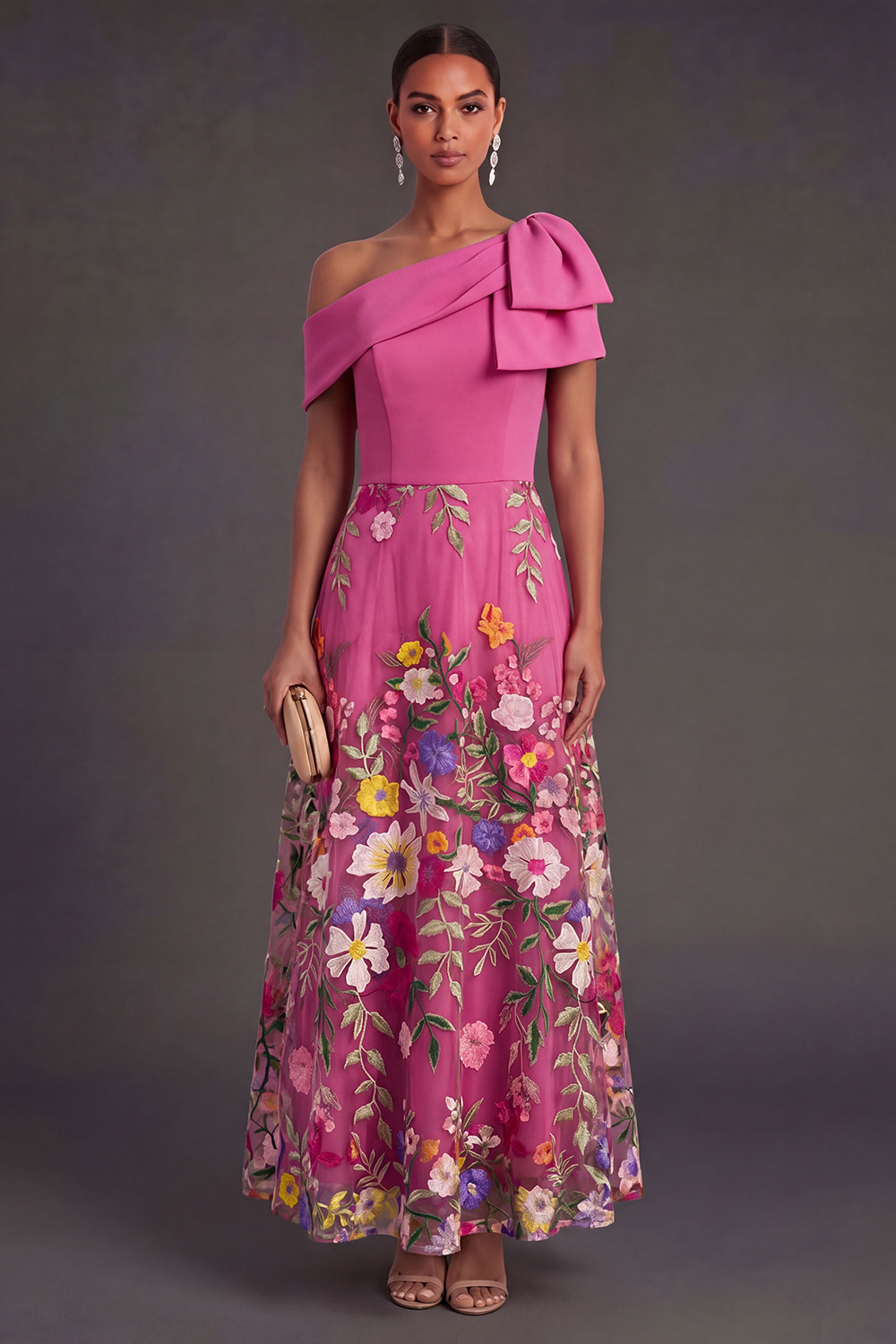 Fuchsia Floral A Line One Shoulder Long Wedding Guest Dress