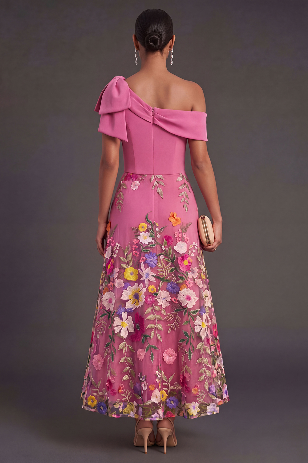Fuchsia Floral A Line One Shoulder Long Wedding Guest Dress