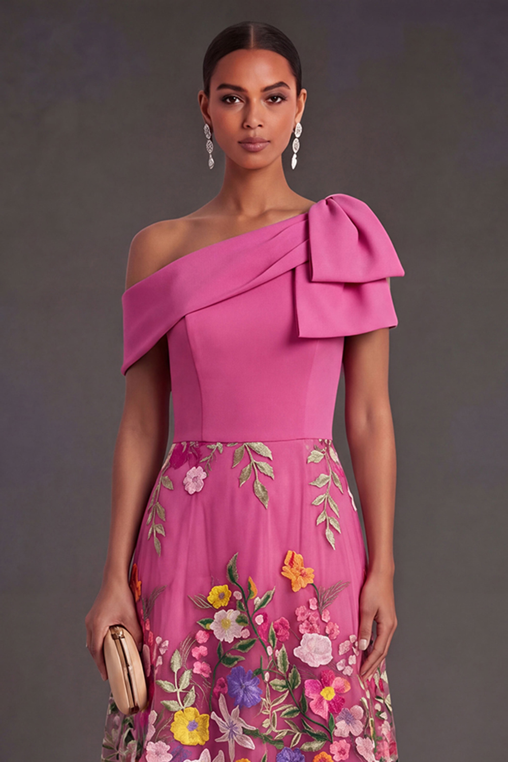 Fuchsia Floral A Line One Shoulder Long Wedding Guest Dress