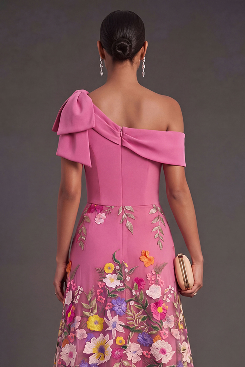 Fuchsia Floral A Line One Shoulder Long Wedding Guest Dress