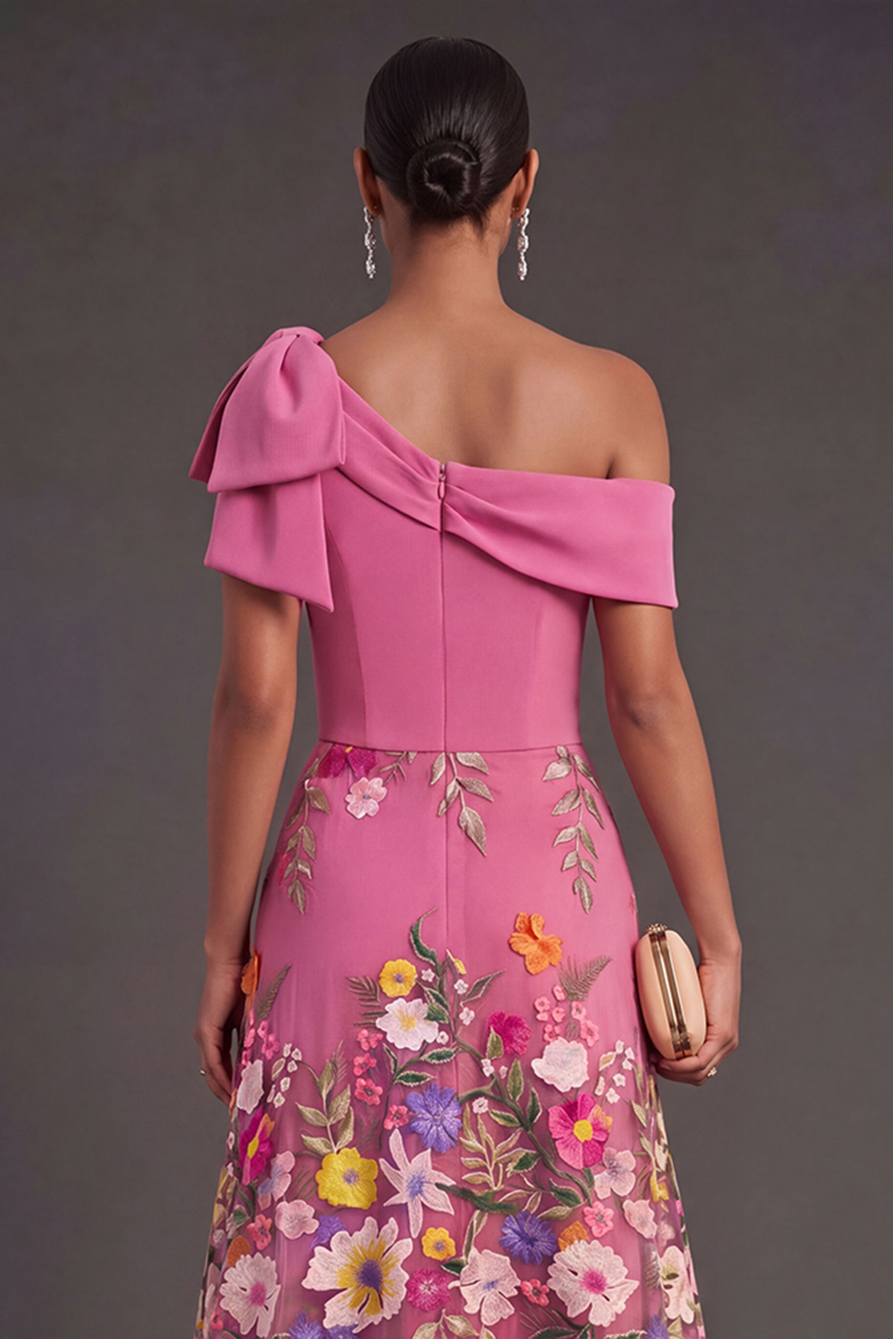 Fuchsia Floral A Line One Shoulder Long Wedding Guest Dress
