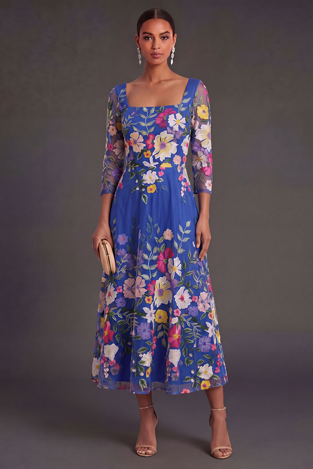 Floral Royal Blue A Line Long Wedding Guest Dress