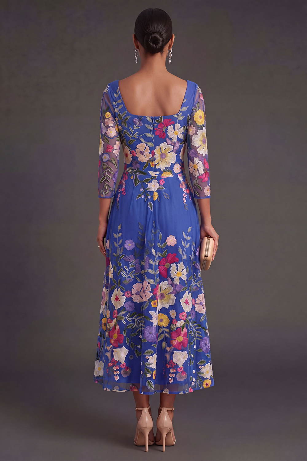 Floral Royal Blue A Line Long Wedding Guest Dress