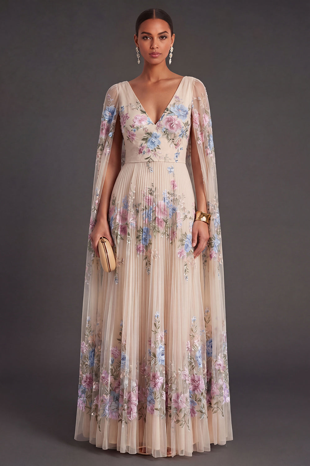 Champagne Floral A Line Pleated Maxi Wedding Guest Dress with Side Cape