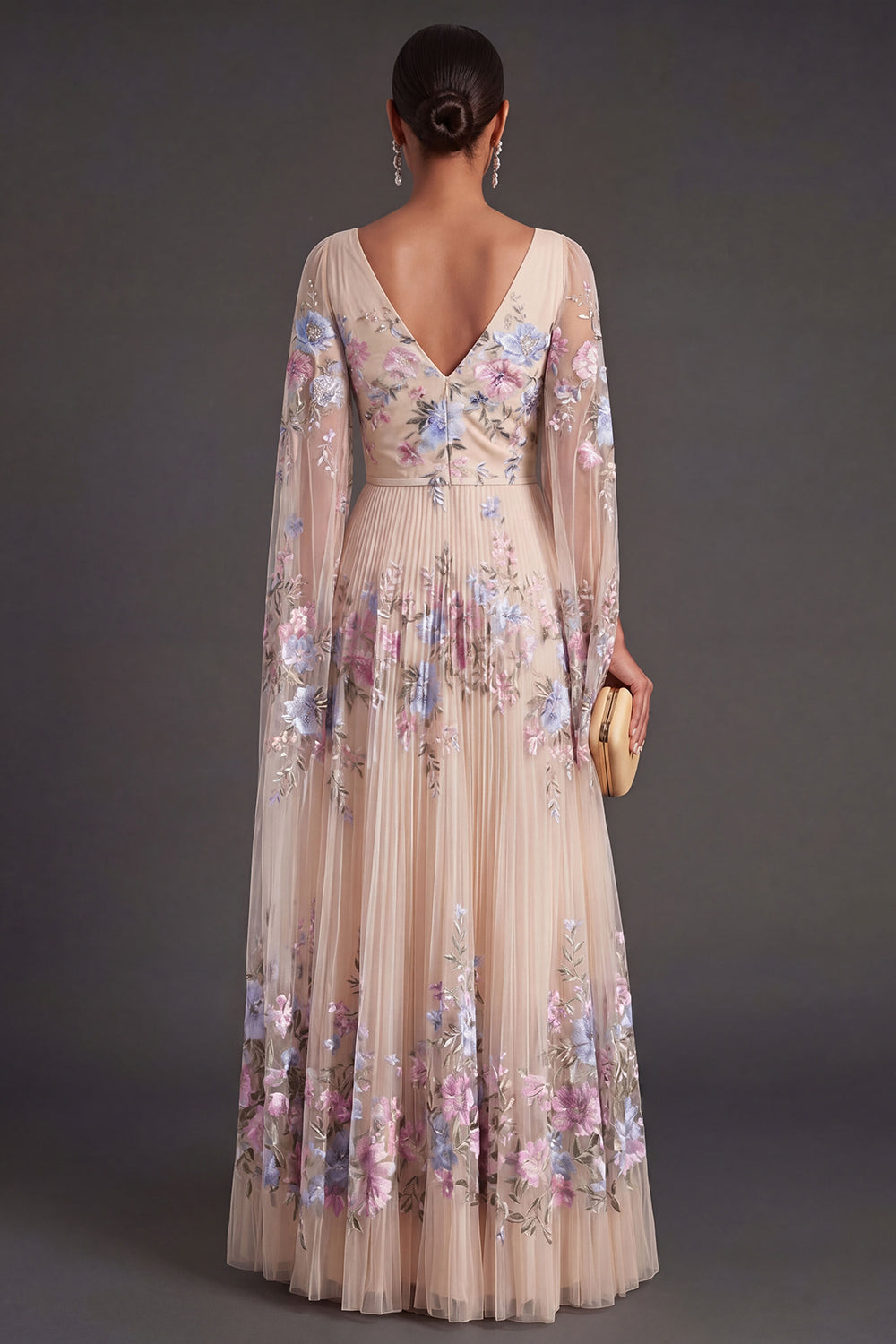 Champagne Floral A Line Pleated Maxi Wedding Guest Dress with Side Cape