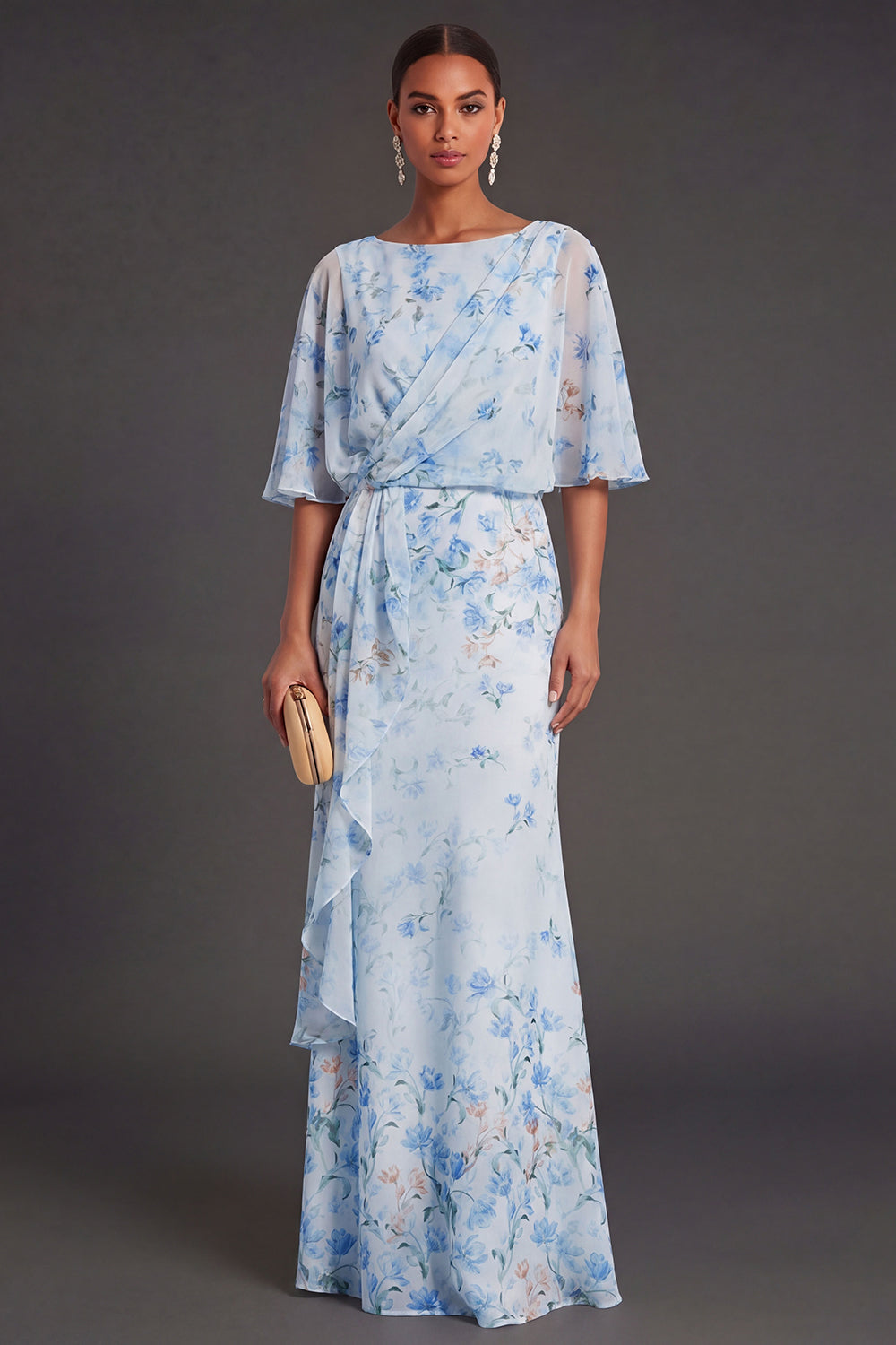 Blue Floral Mermaid Half Sleeves Maxi Wedding Guest Dress with Ruffles