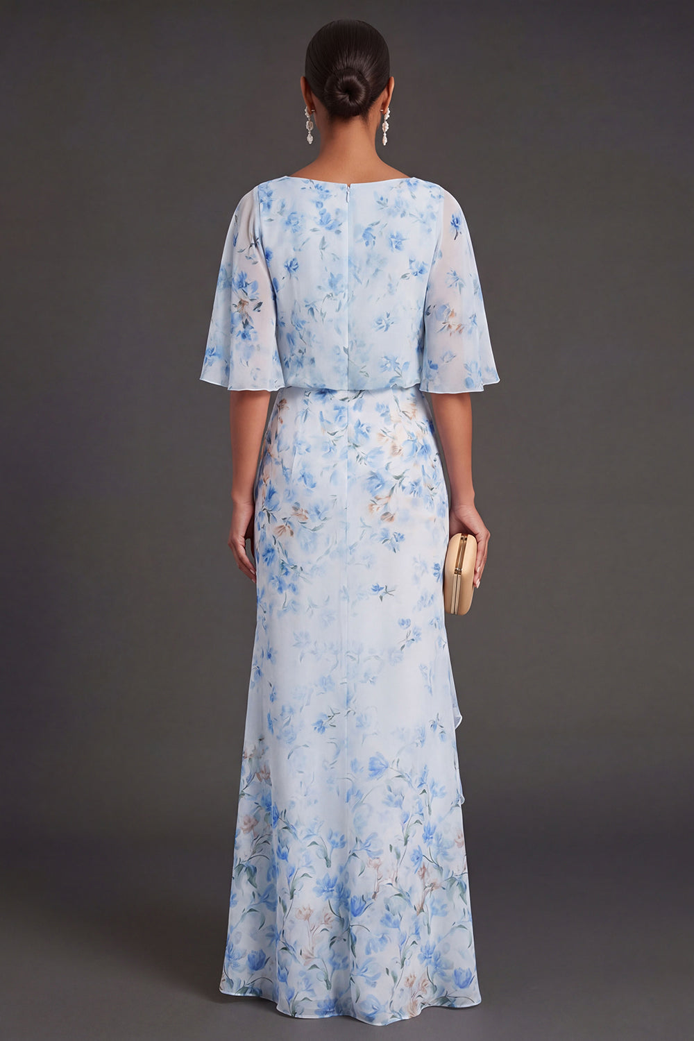 Blue Floral Mermaid Half Sleeves Maxi Wedding Guest Dress with Ruffles