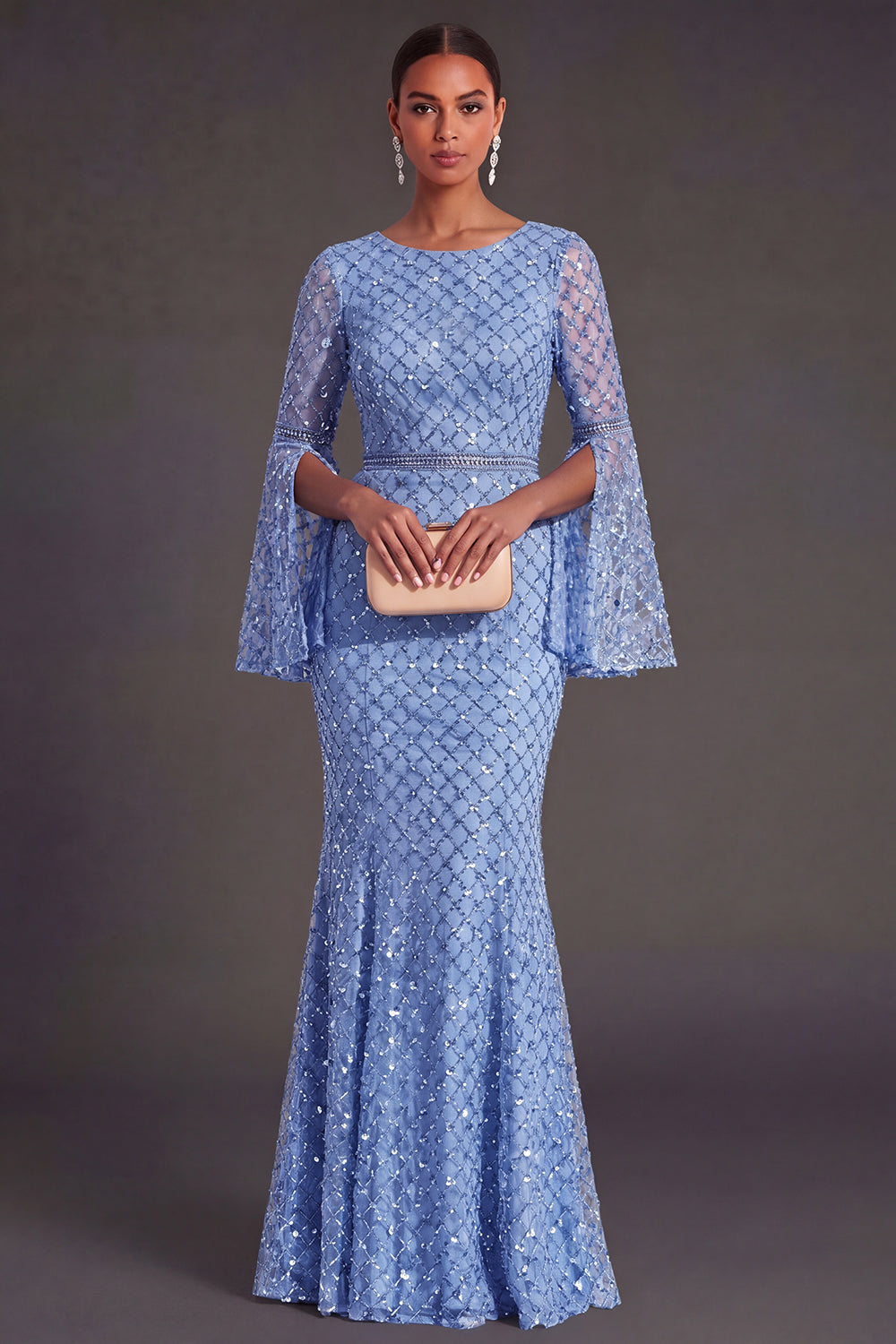 Sparkly Black Tie Blue Mermaid Maxi Flutter Sleeves Wedding Guest Dress