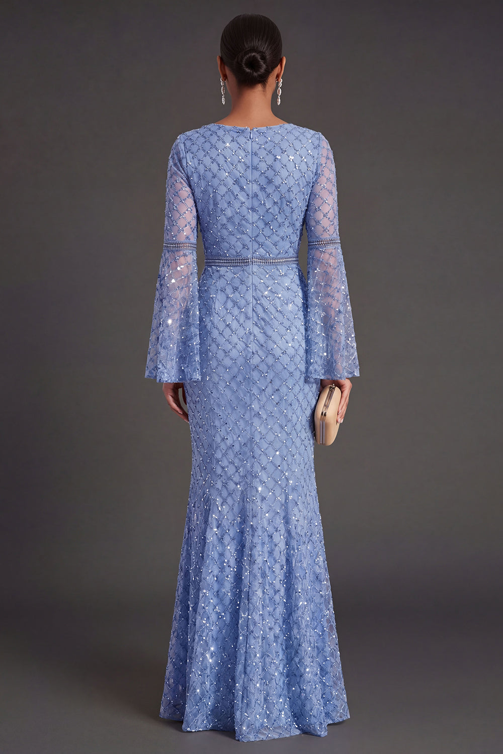 Sparkly Black Tie Blue Mermaid Maxi Flutter Sleeves Wedding Guest Dress