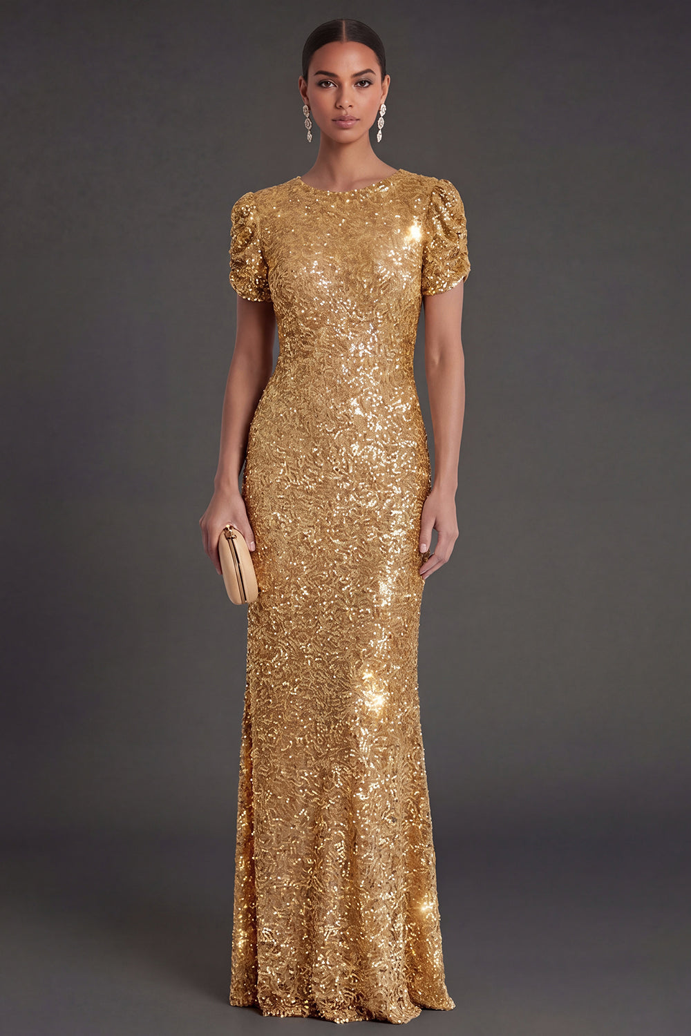 gold sequin wedding guest dress Mac Duggal Women's Hand Beaded High Neck Midi Dress main image 0