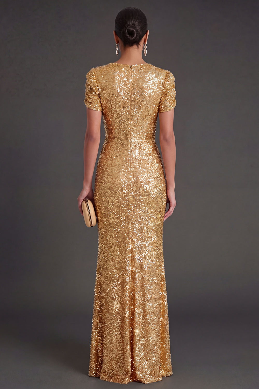 Sparkly Golden Mermaid Maxi Wedding Guest Dress with Sleeves