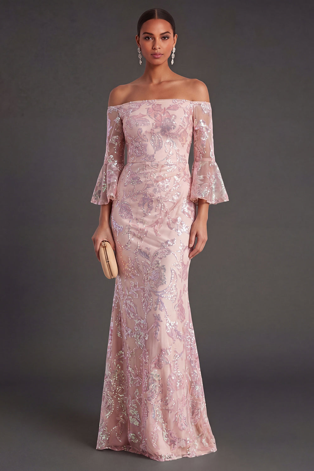 Sparkly Blush Flutter Sleeves Mermaid Maxi Formal Dress with Sequins