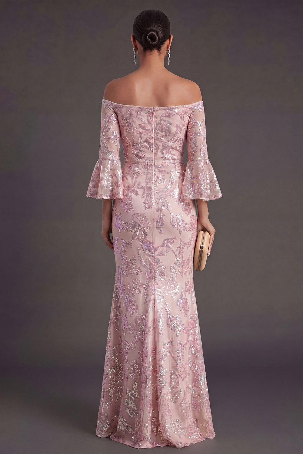 Sparkly Blush Flutter Sleeves Mermaid Maxi Formal Dress with Sequins