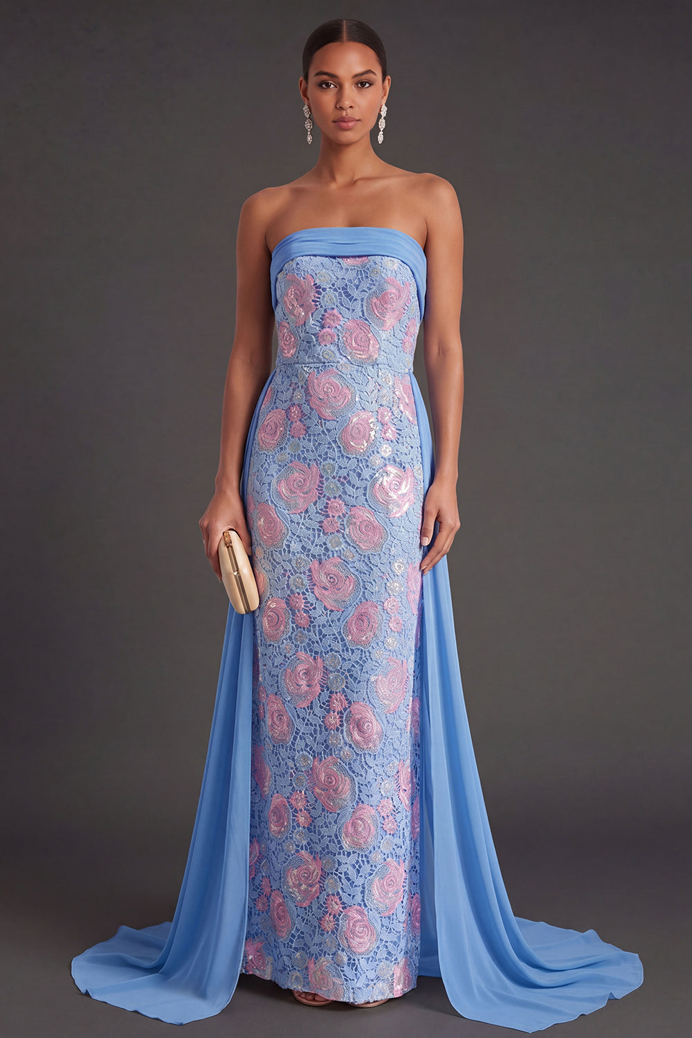 Blue Lace Floral Sheath Maxi Formal Dress with Cape