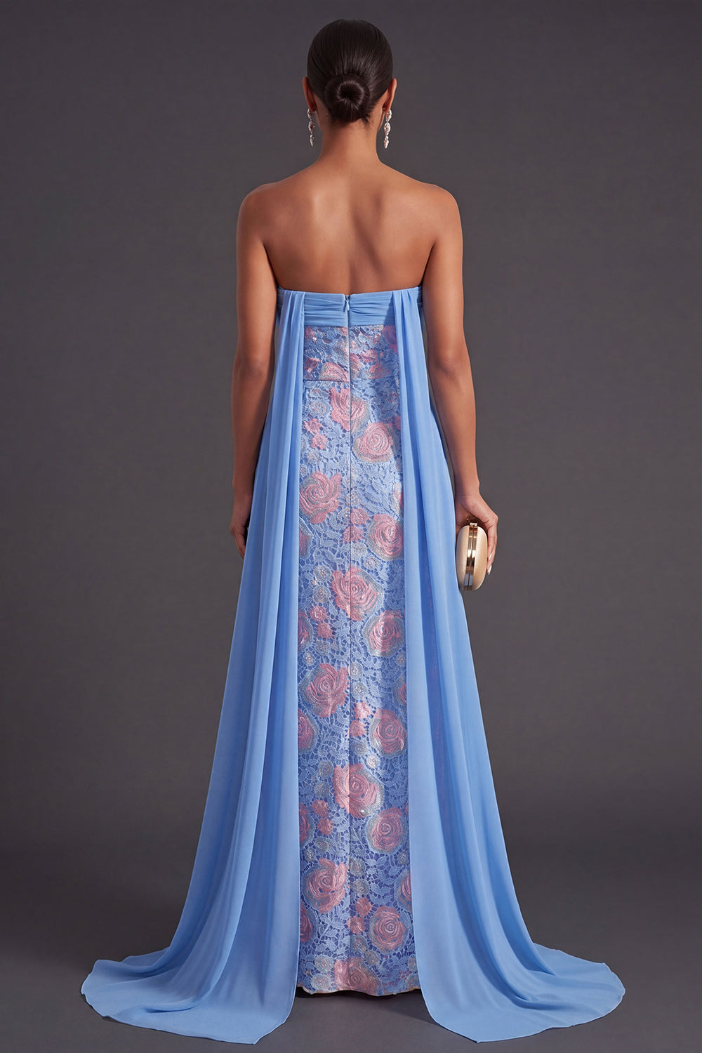 Blue Lace Floral Sheath Maxi Formal Dress with Cape