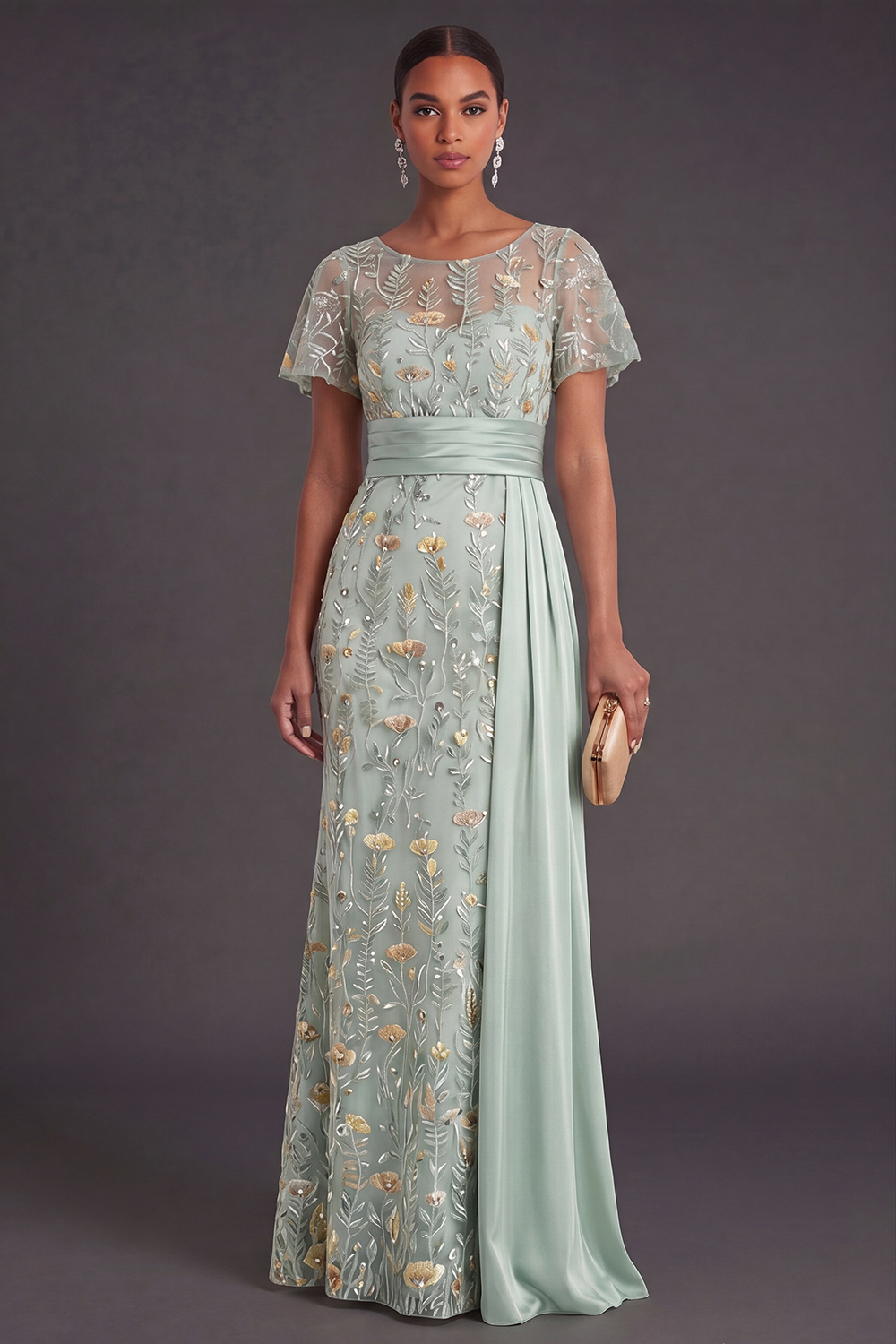 Leely Women Green Black Tie Mermaid Maxi Floral Formal Dress with Drape Embroidered Short Sleeves Boat Neck Evening Dress