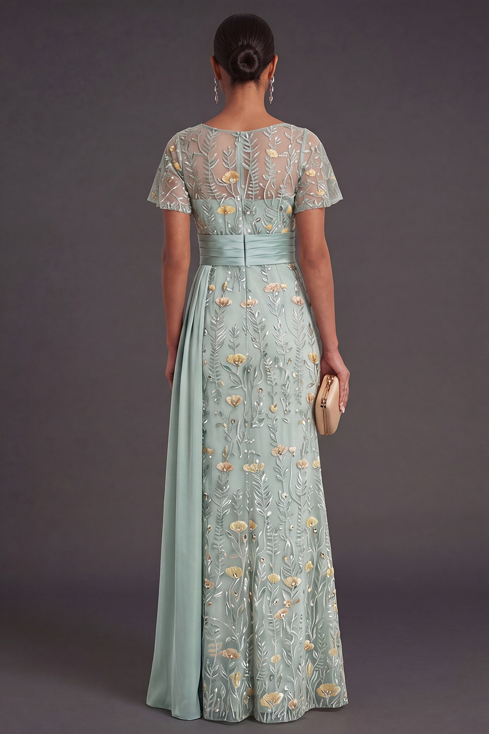 Green Embroidered Floral Mermaid Maxi Formal Dress with Drape