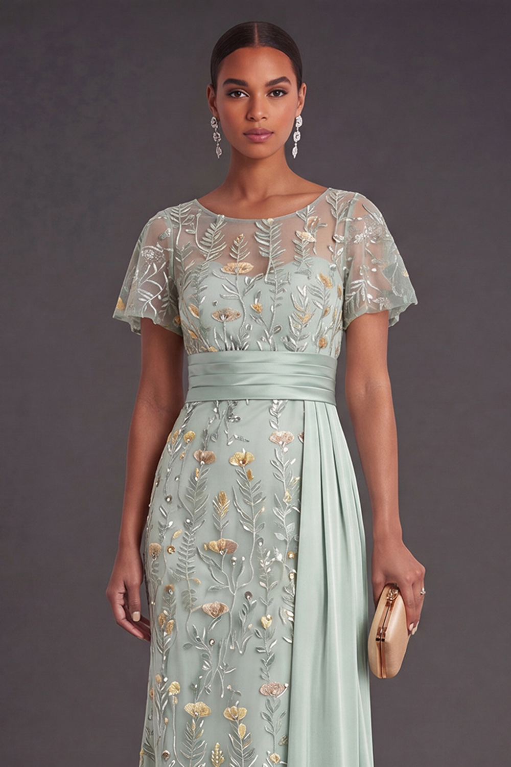 Green Embroidered Floral Mermaid Maxi Formal Dress with Drape