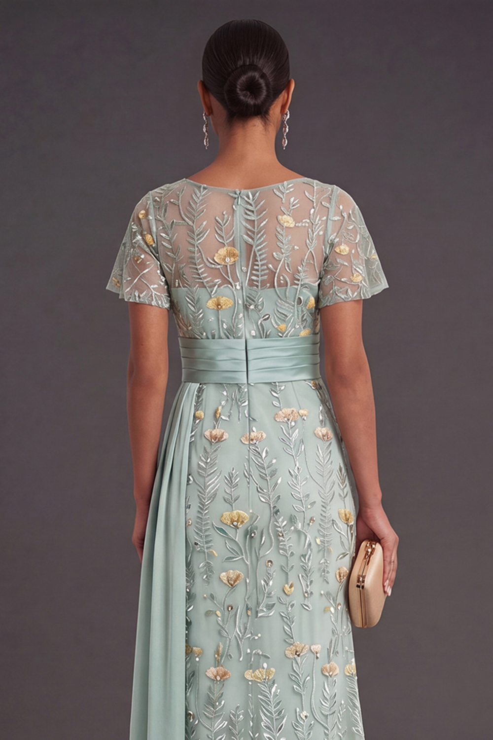 Green Embroidered Floral Mermaid Maxi Formal Dress with Drape