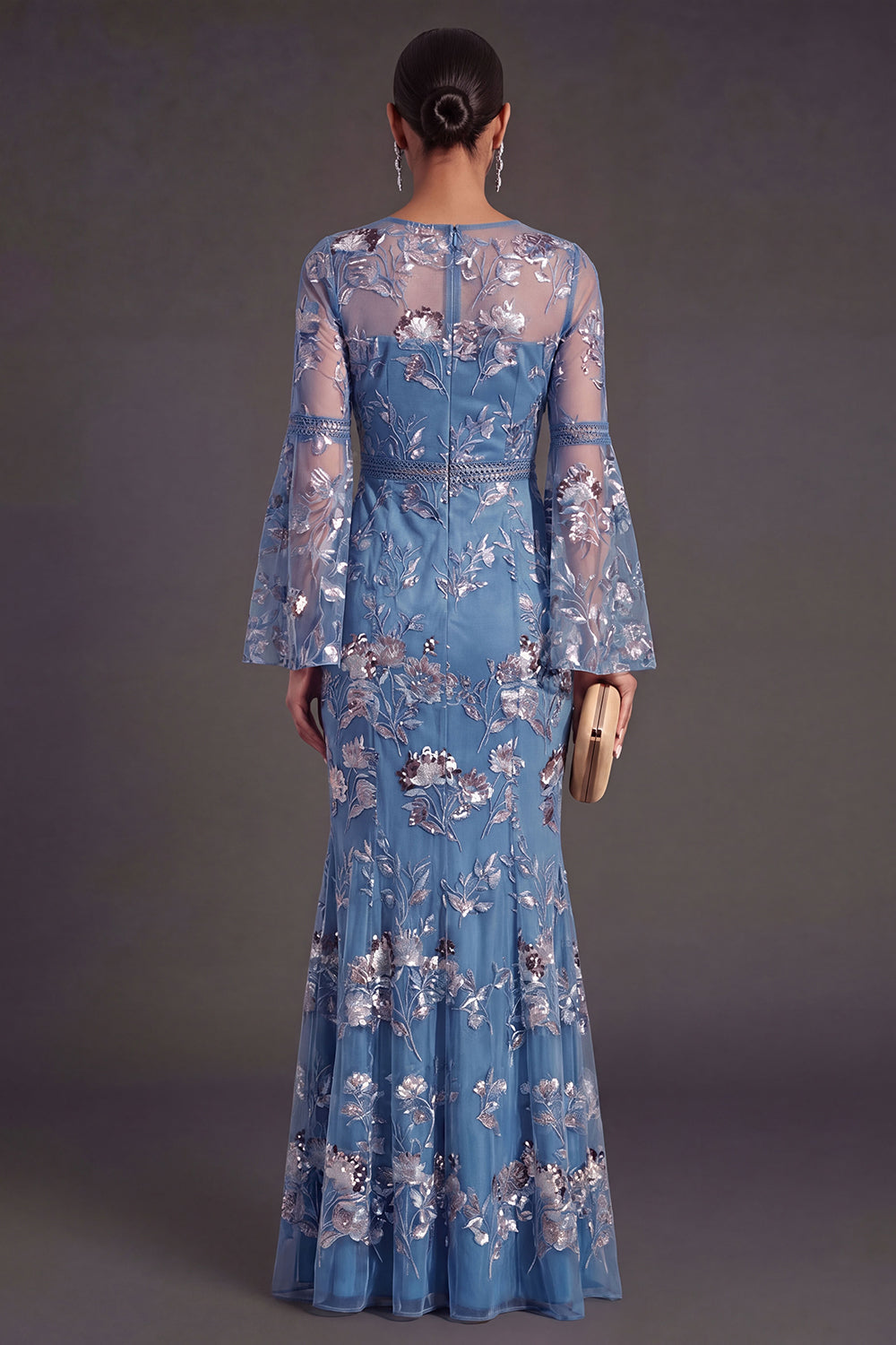 Dark Blue Floral Illusion Neck Mermaid Maxi Formal Dress with Embroidery