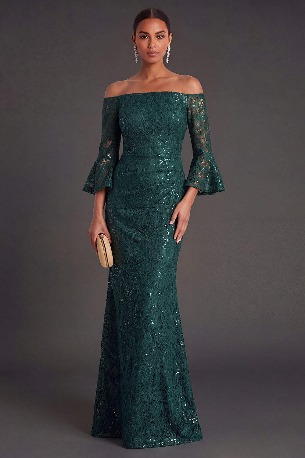 Dark Green Lace Off the Shoulder Mermaid Maxi Formal Dress with Sequins