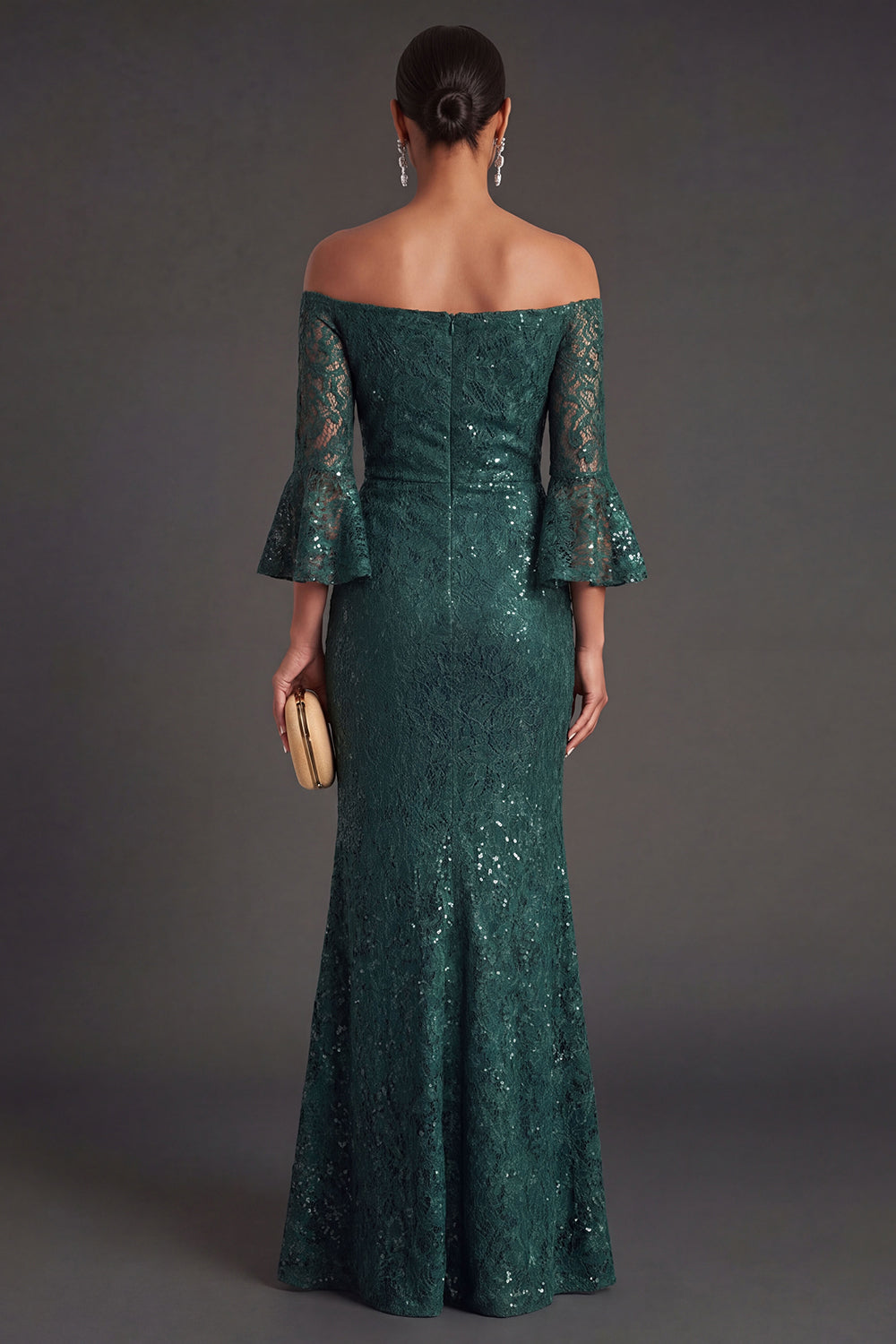Dark Green Lace Off the Shoulder Mermaid Maxi Formal Dress with Sequins